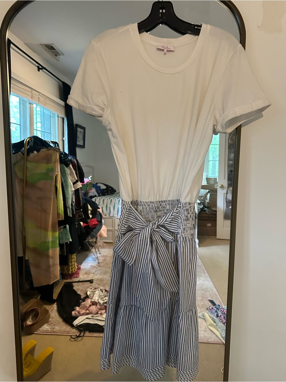 Parker White Tee and Blue-Striped Tie-Waist Midi Dress